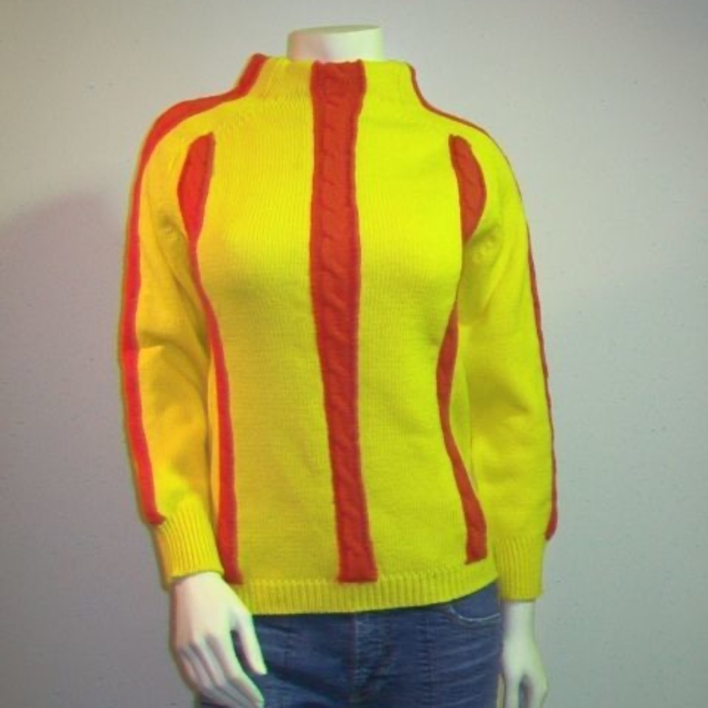 60s Mod Yellow Orange Stripe Wool Ski Sweater Upscale Vintage Designer Italy
